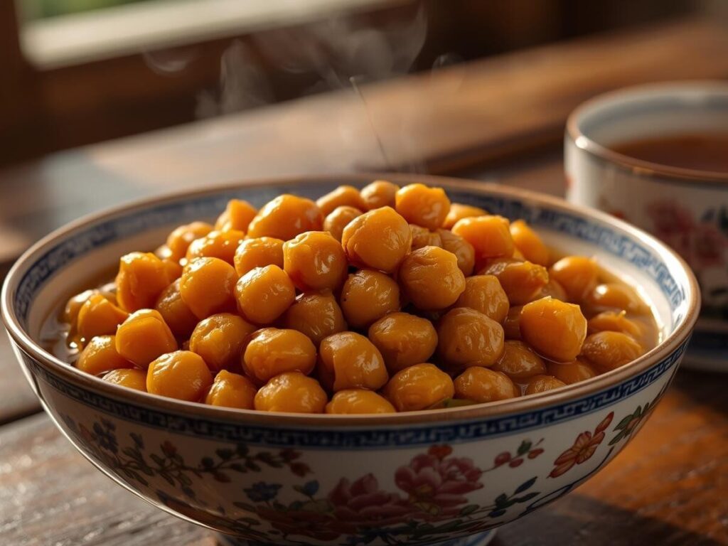 一碗熱騰騰的慢滷雪蓮子（鷹嘴豆），盛裝在中式瓷碗中，旁邊搭配熱茶，適合長輩的養生點心。